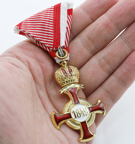 Austro-Hungarian Golden Cross of Merit with Crown 1849 FJ with Swords Replica