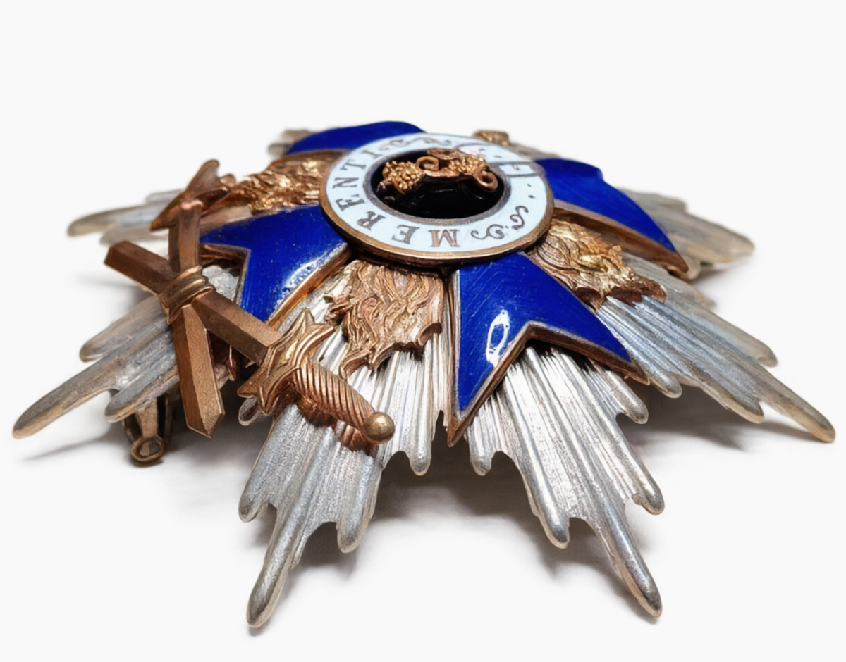 Side view of jeweller-made copper and fired-enamel breast star reproduction