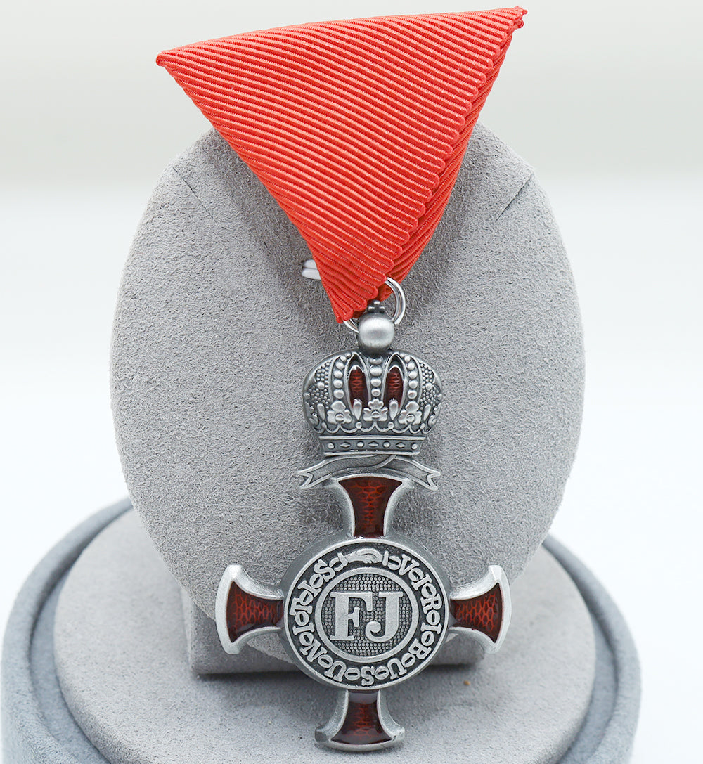 Austro-Hungarian Silver Cross of Merit w/ Crown 1849 FJ Replica, Red Ribbon
