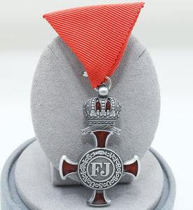 Austro-Hungarian Silver Cross of Merit w/ Crown 1849 FJ Replica, Red Ribbon