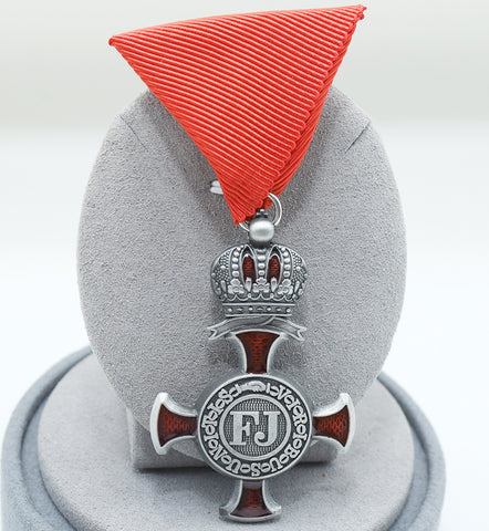 Austro-Hungarian Silver Cross of Merit w/ Crown 1849 FJ Replica, Red Ribbon