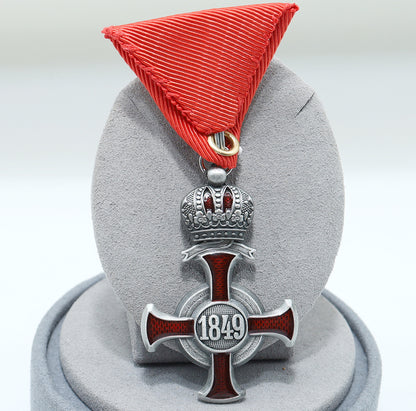 Austro-Hungarian Silver Cross of Merit w/ Crown 1849 FJ Replica, Red Ribbon