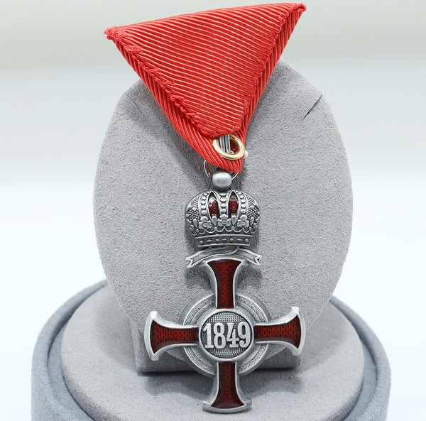 Austro-Hungarian Silver Cross of Merit w/ Crown 1849 FJ Replica, Red Ribbon