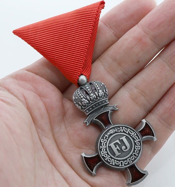Austro-Hungarian Silver Cross of Merit w/ Crown 1849 FJ Replica, Red Ribbon