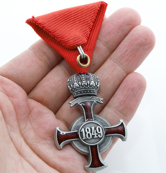 Austro-Hungarian Silver Cross of Merit w/ Crown 1849 FJ Replica, Red Ribbon