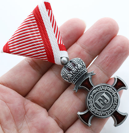 Austro-Hungarian Silver Cross of Merit w/ Crown 1849 FJ Replica, War Ribbon