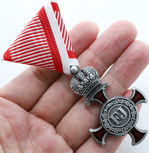 Austro-Hungarian Silver Cross of Merit w/ Crown 1849 FJ Replica, War Ribbon