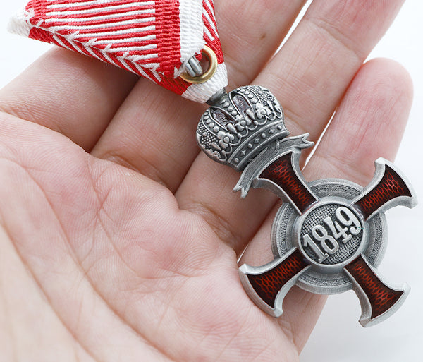 Austro-Hungarian Silver Cross of Merit w/ Crown 1849 FJ Replica, War Ribbon