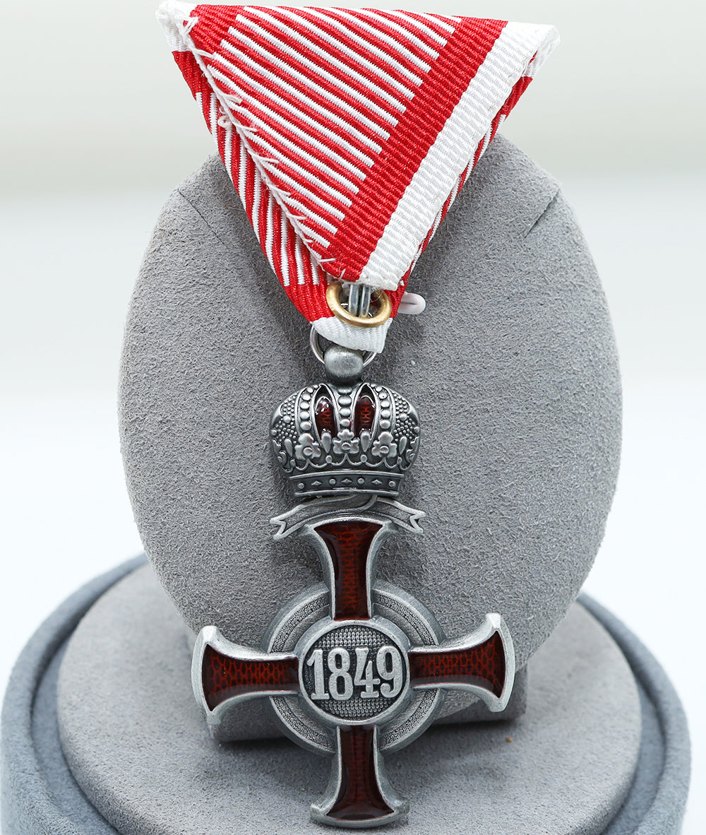 Austro-Hungarian Silver Cross of Merit w/ Crown 1849 FJ Replica, War Ribbon