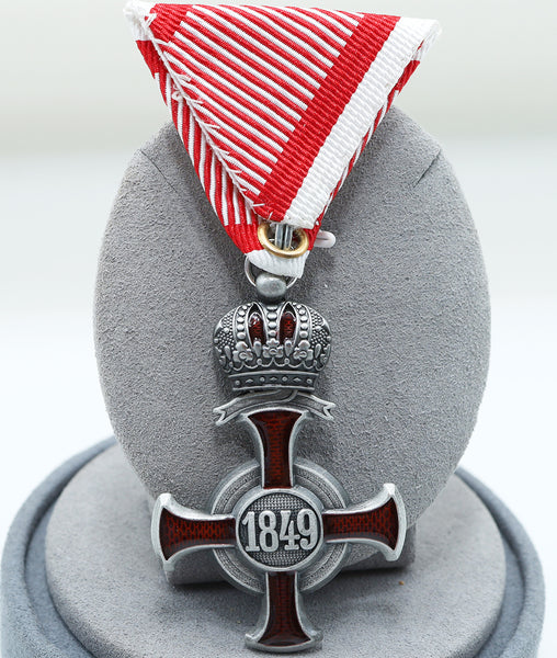 Austro-Hungarian Silver Cross of Merit w/ Crown 1849 FJ Replica, War Ribbon